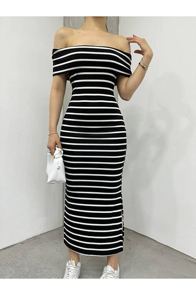 Fav Style Rochie midi cu dungi negre - decolteu barcă și fante duble