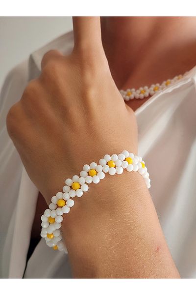 Eva Takı 4mm Crystal Beaded Daisy Model White Yellow Necklace and Bracelet Set - Handmade