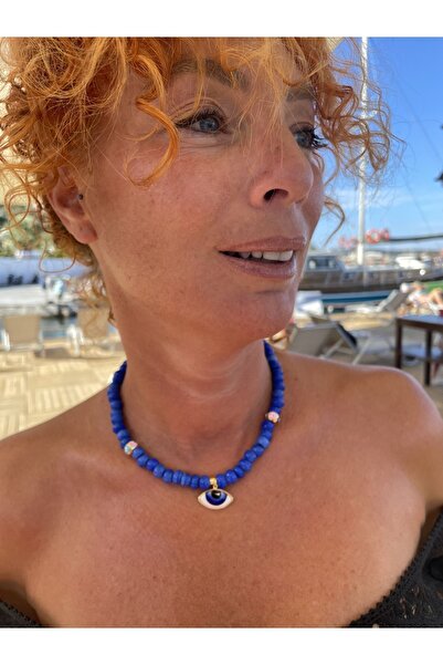 byebruketenci Çivit Mavi Bodrum Boncuk Kolye Porselen Göz Detaylı