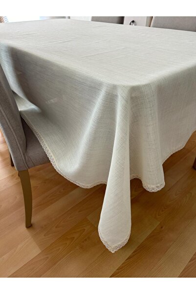 Meral Kurşun Collection Güpür Detaylı Simli Dertsiz Salon Masa Örtüsü Krem