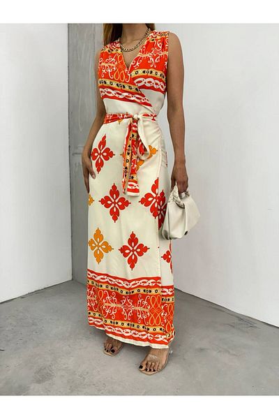 Fav Style Rochie lungă fără mâneci cu guler dublu cu imprimeu portocaliu pentru femei