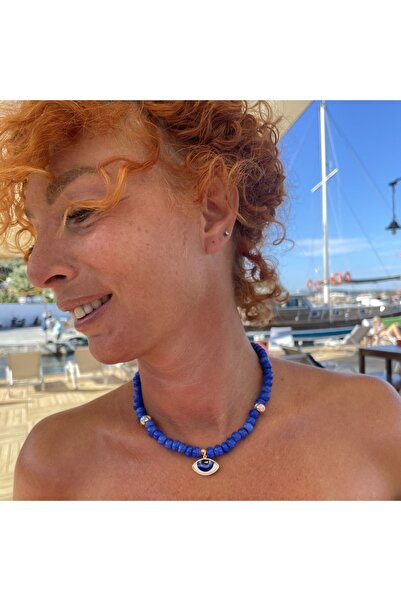 byebruketenci Çivit Mavi Bodrum Boncuk Kolye Porselen Göz Detaylı