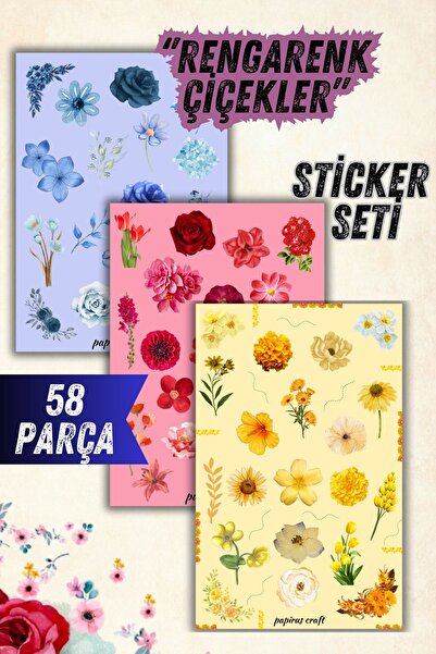 Craft RENGARENK ÇİÇEKLER  STİCKER SETİ , 3 YAPRAK , 58 ADET ÇIKARTMA , ETİKET...