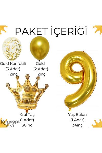 Konsept Sepeti Σετ πάρτι με μπαλόνι με χρυσό κονφέτι King Crown Foil για γενέθλια 9 ετών