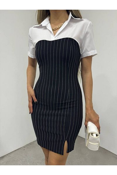 Fav Style Μαύρο Μίνι Φόρεμα - με γαρνιτούρα πουκάμισου, ριγέ μοτίβο και λεπτομέρεια με σκίσιμο