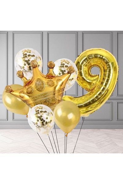 Konsept Sepeti Σετ πάρτι με μπαλόνι με χρυσό κονφέτι King Crown Foil για γενέθλια 9 ετών