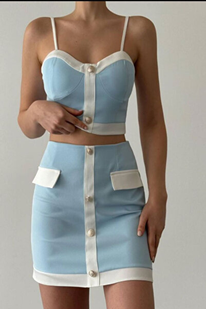 ESSFASIHON İnce Askılı Metal Düğmeli Crop Mini Etek Takım