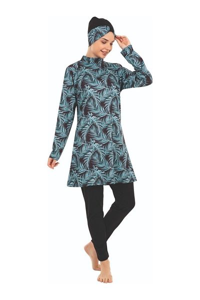 FİT1BEDEN Plus Size Turquoise Palm Patterned Long Sleeve Full Covered Hijab Swimsuit