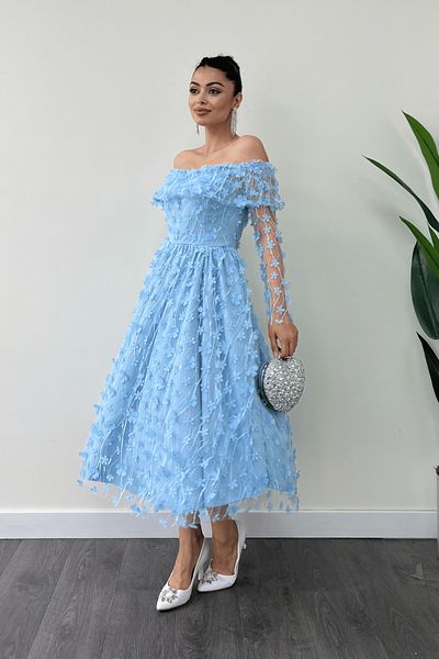 giyimmasalı Rochie midi cu gât barcă - țesătură florală tridimensională, ALBASTRU ICE