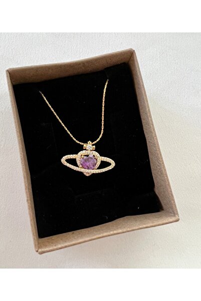 tones official Tarnish Stainless Steel Purple Big Heart Stone Saturn Crown Ne...