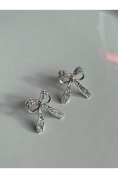 Lavian Accessories Silver Color Zircon Stone Bow Earrings