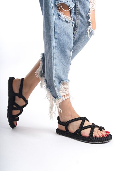 FGZY Shoes Honey Siyah Halat Ipli Hasır Sandalet