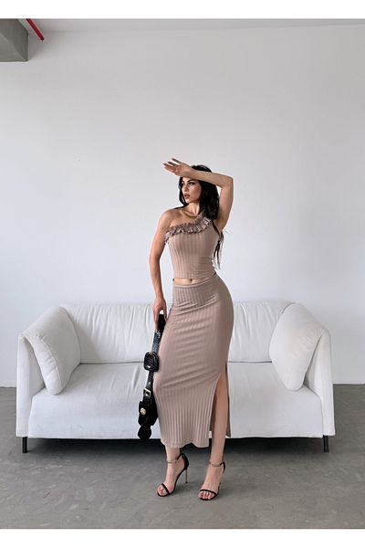 Fav Style Beige Color Women's Crop Blouse and Slit Skirt Set - Single Shoulder Ruffle Detail