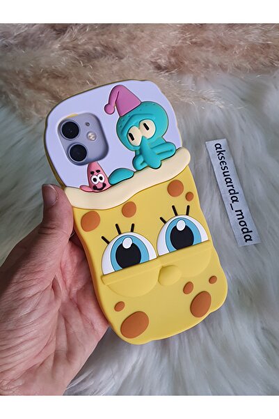 Aksesuarda Moda iPhone 11 Uyumlu Sünger Bob ve Squidward Detaylı Yumuşak Hamur Silikon Lüks Kılıf Kapak