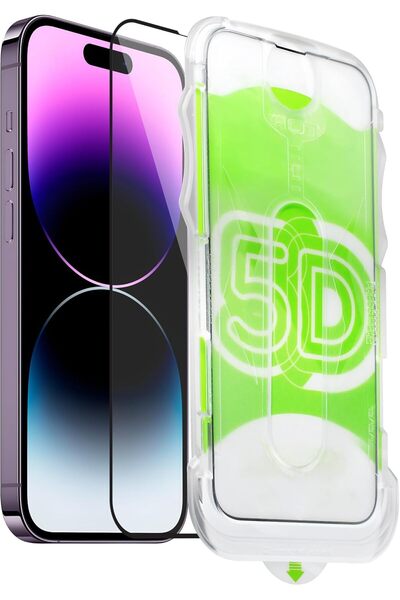 Fibaks iPhone 14 Pro-15-16 Kolay Uygulama Aparatlı Siyah Çerçeveli Tam Kapatan Kırılmaz Cam Ekran Koruyucu