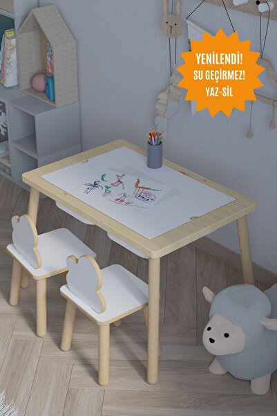 POFİTTO Ağaç Ahşap Çocuk Masası-Yaz sil Yüzey Çocuk Masası-Aktivite-Çocuk Masası-2 ADET SEPET-2 SANDALYE