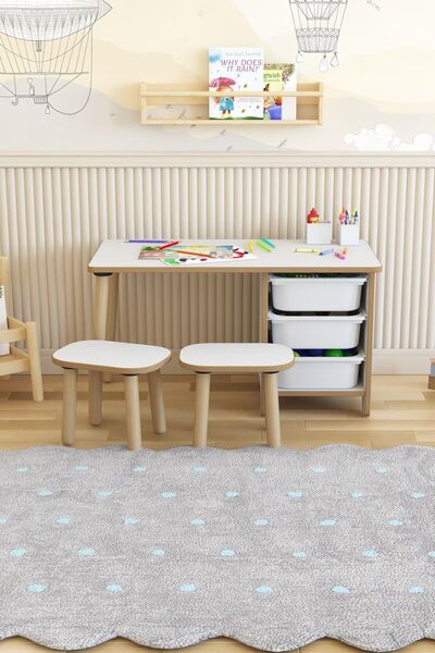 POFİTTO Çocuk Masa Sandalye Takımı 90x45 Cm 3 Sepetli Çocuk Çalışma Ve Aktivite Masası Yaz-sil,2 Tabureli