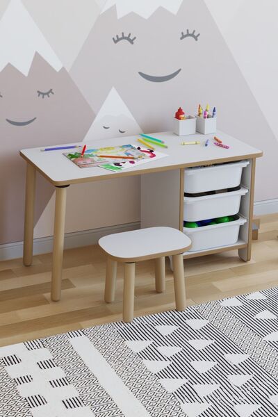 POFİTTO Çocuk Masa Takımı 90x45 Cm 3 Sepetli Çocuk Çalışma Masası Aktivite Masası Yaz-sil 1 Adet Tabureli