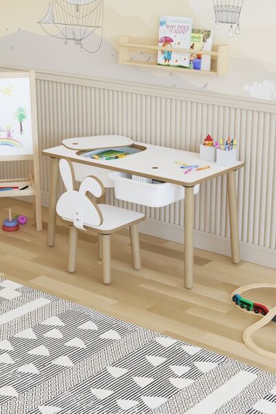 POFİTTO Montessori Çocuk Masası-oyun Masası-aktivite Masası-etkinlik Masası Takımı 1 Tavşan Sandalye