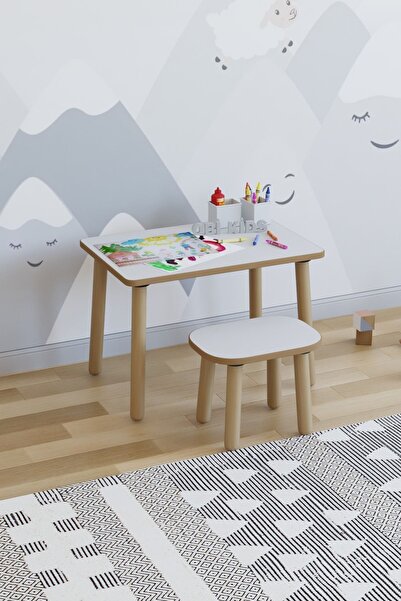 POFİTTO Yaz-sil Yüzey Çocuk Masası - Aktivite Masası - Çocuk Çalışma Masası Takımı 1 Adet Tabureli