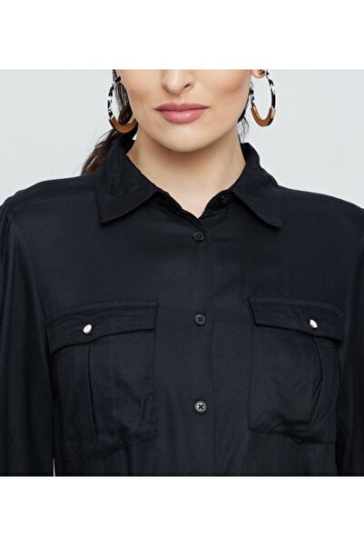 Aeropostale Women's Black Plain Shirt Collar Dress