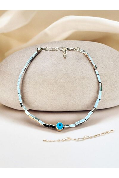 PS ACCESSORİES Gold Detailed Anklet with Evil Eye Beads, 25 cm
