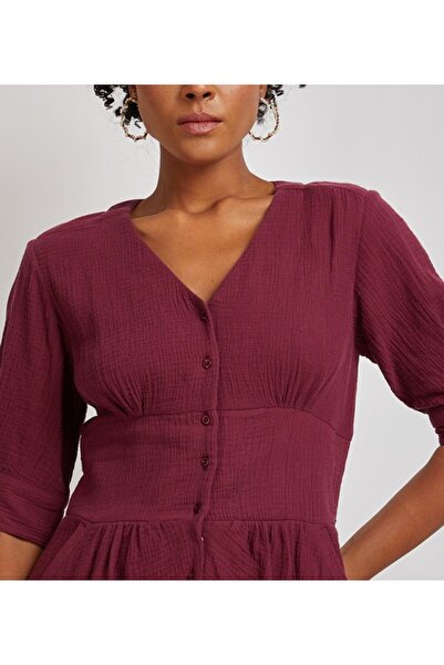 Aeropostale Women's Burgundy Plain V Neck Dress