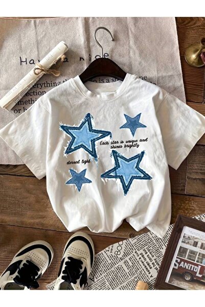 NoVibe Tricou unisex din bumbac cu mânecă scurtă cu imprimeu cu stele