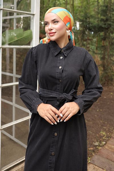 benguen Μαύρο Τζιν Φόρεμα Hijab - Κουμπωτό, Γυναικείο, 6807