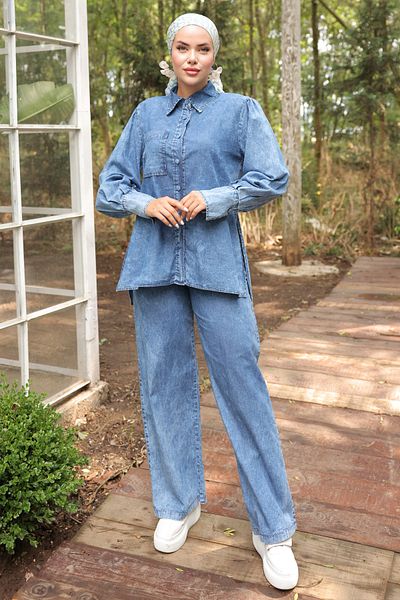 benguen 7044 Model Navy Blue Jeans Set