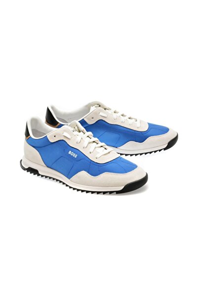 BOSS Erkek Marka Logolu Bağcıklı Kaydırmaz Tabanlı Günlük Beyaz-Mavi Sneaker 50517276-462