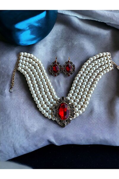 FAYRA ACCESSORIES Yakut Kırmızı Chooker Tasma İnci Kolye ve Küpe Seti