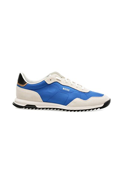 BOSS Erkek Marka Logolu Bağcıklı Kaydırmaz Tabanlı Günlük Beyaz-Mavi Sneaker 50517276-462