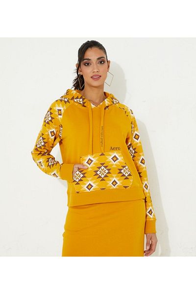 Aeropostale Women's Yellow Printed Hooded Sweatshirt