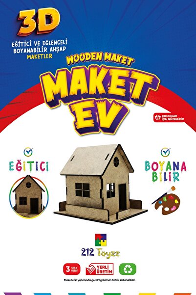 212toyzz 3D Boyanabilir Ahşap Maket Ev - Çocuklar İçin Eğitici Oyuncak