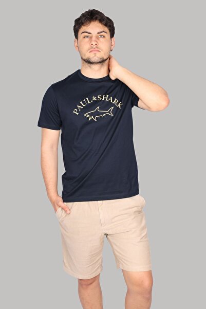 PAUL&SHARK Ανδρικό μπλουζάκι Navy Blue Regular Fit Crew Neck - Λεπτομέρεια με λογότυπο 24411032-013