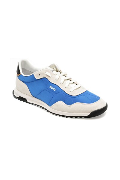 BOSS Erkek Marka Logolu Bağcıklı Kaydırmaz Tabanlı Günlük Beyaz-Mavi Sneaker 50517276-462