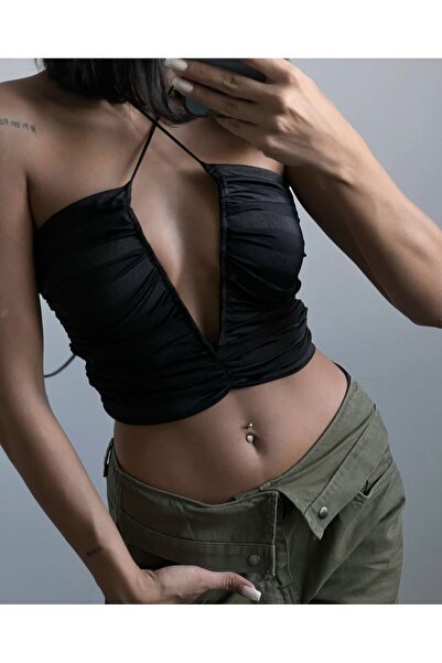 Rabury Butik Çapraz İp Bağlama Siyah Crop