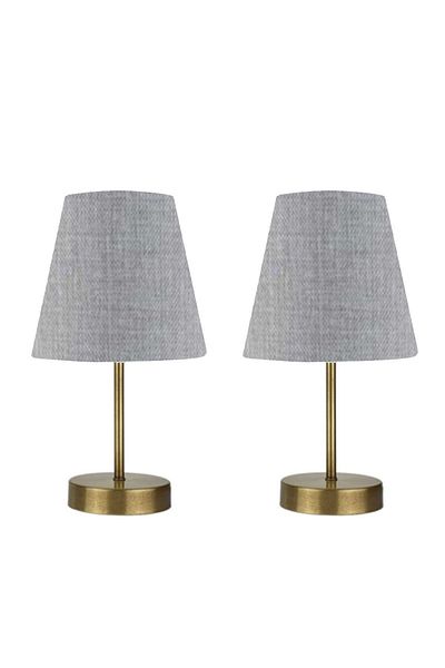 Fer Avize Set of 2 Marla Antique Modern Metal Legs Gray Fabric Head Table Lamp Lampshade