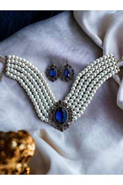 FAYRA ACCESSORIES Safir Mavi Chooker Tasma İnci Kolye ve Küpe Seti