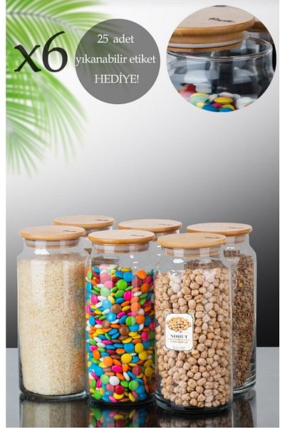 Pembelia Life 6 قطع من الزجاج المفرغ من الخيزران مع غطاء برطمان سعة 1.3 لتر، مجموعة 6 برطمانات بقوليات سعة 1300 سم مكعب