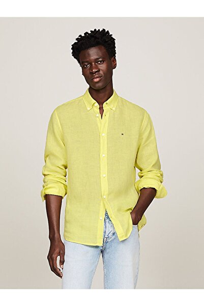 Tommy Hilfiger Erkek Marka Logolu Düğmeli Uzun Kollu Sarı Gömlek MW0MW34602-ZIN