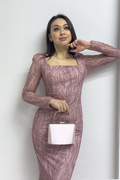 Elbise Delisi Kadın Kare Yaka Simli Uzun Kol Midi Abiye Elbise Gold, Yeşil, Siyah, Mavi, Pudra, Bordo, Beyaz