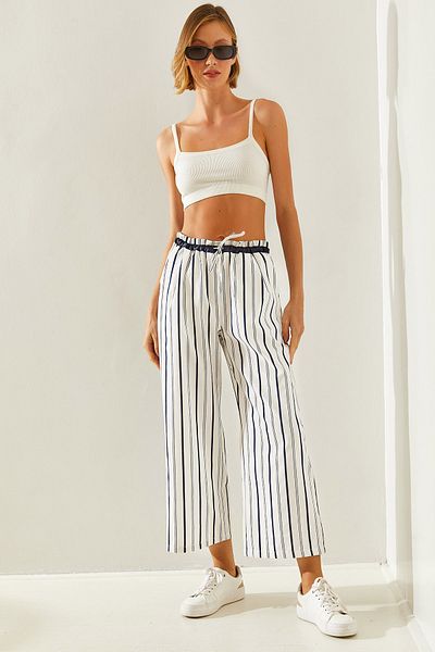 Bianco Lucci Rubber Waist Striped Palazzo Trousers - 60251355