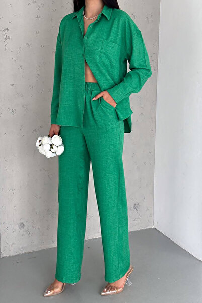 novalook Women's Green Linen Shirt and Trousers Set