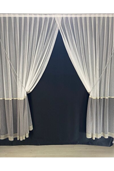 Fashion Pearl Moda Inci Perde, Koyu Gri Şeritli Keten Halatlı Kruvaze Tül Perde