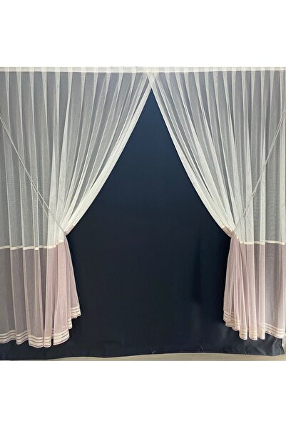 Fashion Pearl Moda Inci Perde, Pembe Beyaz Şeritli Keten Halatlı Kruvaze Tül Perde