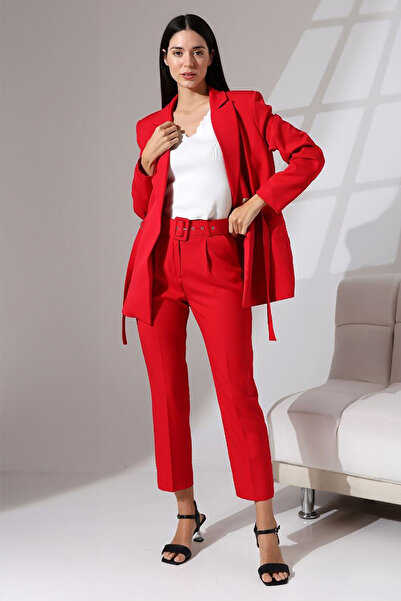 novalook Set de blazer și pantaloni cu curea roșie pentru femei