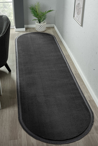 LİNOS HOME Puffy Antrasit Oval Düz Saçaklı Peluş Yolluk Yumuşacık Yıkanabilir...