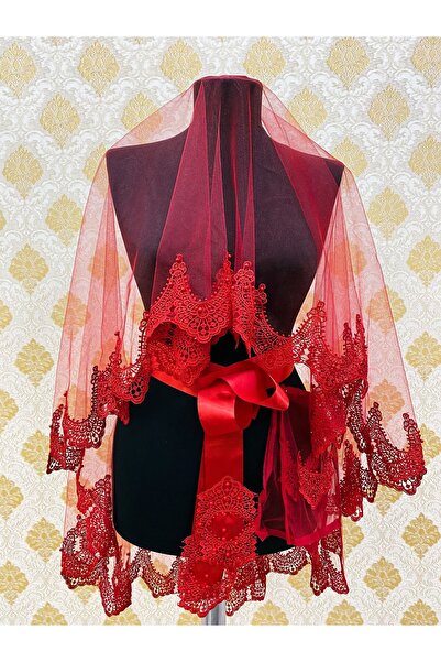 Tanpa طقم حجاب لحفلات السهرة والعروس باللون الأحمر الأنيق - مزين بالخرز ورباط